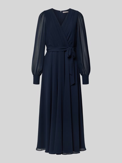 Produktfoto, Regular Fit Midikleid mit Taillenband von Christian Berg Cocktail in Dunkelblau, Chiffon, lange Ärmel, V-Ausschnitt, Wickel-Optik