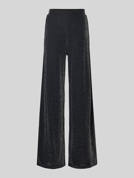 Produktfoto, schwarze Wide Leg Hose mit elastischem Bund, feine Glitzerstruktur, VILA Damenhose Modell 'ELEINAS', Material-Mix mit Stretch-Anteil