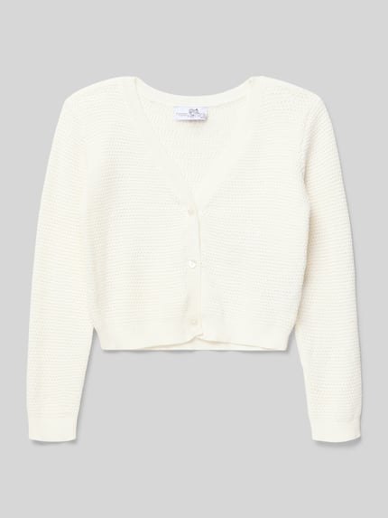 Produktfoto, Strickjacke aus Baumwolle mit V-Ausschnitt von Happy Girls, krój regular fit, listwa guzikowa, bawełna, kolor kremowy, długość tyłu w rozmiarze 116: 31 cm, długość rękawów w rozmiarze 116: 43 cm, tekstura drobno dziana