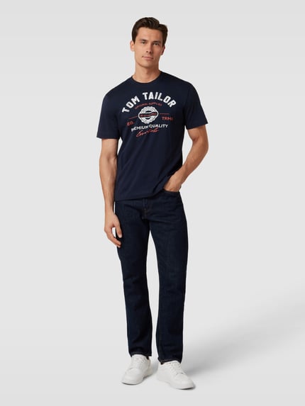 Tom Tailor T-shirt o kroju regular fit z czystej bawełny z nadrukiem z logo Granatowy 1