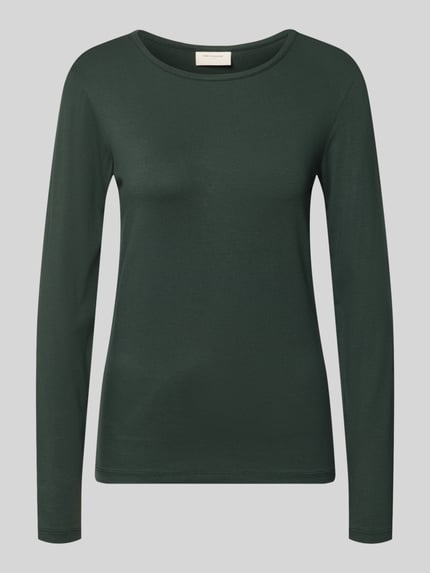 Produktfoto, donker groen shirt met lange mouwen van mix van viscose en elastaan, slim fit, ronde hals, Ruglengte maat S 59 cm, Model 'Liana' van FREE/QUENT
