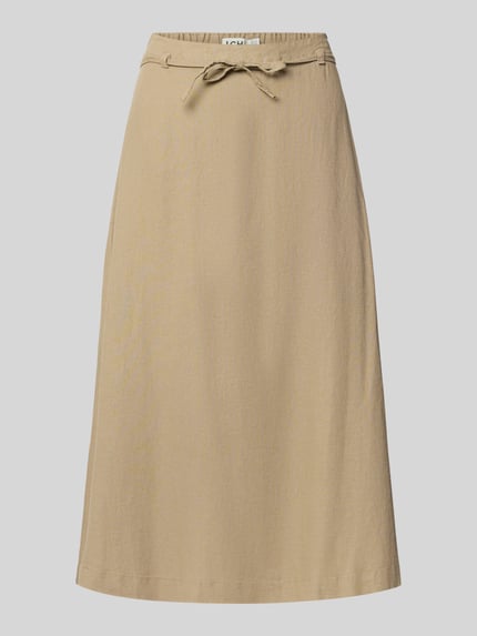Produktfoto, beige Midirock aus Leinen-Viskose-Mix Modell 'LINNO' von ICHI, a-lijn, met bindriem, maat 36, totale lengte 76 cm