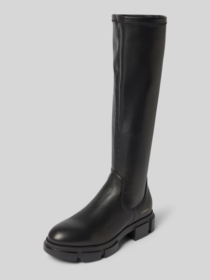 Produktfoto, Stiefel aus Leder-Mix mit Logo-Detail von Copenhagen, czarny kolor, zaokrąglony czubek, profilowana podeszwa, mieszanka skóry, detal z logo, wysokość obcasa: 4 cm, wysokość cholewki: 43 cm, szerokość w rozmiarze 40: 18 cm