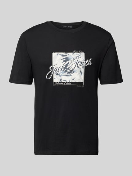 Produktfoto, T-Shirt mit Rundhalsausschnitt Modell 'HONOLULU' von Jack & Jones, czarny, bawełna, krój regular fit, nadruk z przodu, długość tyłu w rozmiarze M: 68 cm