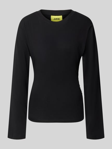 Produktfoto, czarna bluzka z długim rękawem z mieszanki bawełny, krój taliowany, okrągły dekolt, Model 'Paloma' od JJXX, długość tyłu 57 cm w rozmiarze S