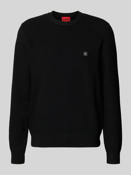 Produktfoto, Regular Fit gebreide pullover met scheerwol, look: effen zwart, labelpatch, ronde hals, lange mouw, rompzoom, Model 'SETAL' van HUGO, materiaalverwerking: knitwear