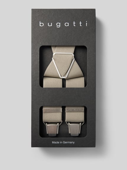 Produktfoto, Hosenträger in X-Form von bugatti im unifarbenen Design mit elastischen verstellbaren Trägern und Metall-Clips im Karton.