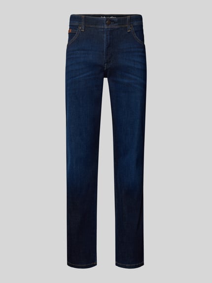 Productfoto, Straight Fit Jeans im 5-Pocket-Design Modell 'Texas' van Wrangler, katoenmix met stretch, recht model, knoop- en ritssluiting, labeldetail, bandwijdte 41 cm, binnenbeenlengte 80 cm.