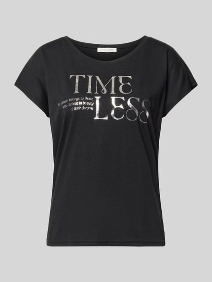 Produktfoto, schwarzes T-Shirt mit silbernem Statement-Print und Rundhalsausschnitt, Baumwoll-Viskose-Mix, Regular Fit, Damen T-Shirt mit Statement-Print und Rundhalsausschnitt von Christian Berg Woman