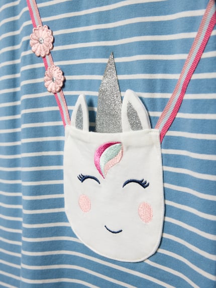 Produktfoto, Relaxed Fit Kleid mit Zierbesatz von Happy Girls, niebiesko-białe paski, bawełniany materiał, jednorożec z cekinami