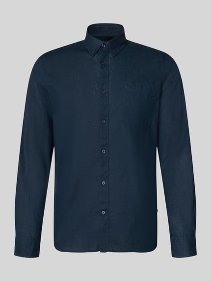 Produktfoto, Regular Fit Freizeithemd mit Leinen-Anteil von Matinique in Dunkelblau, Button-Down-Kragen, Brusttasche, strukturierte Oberfläche