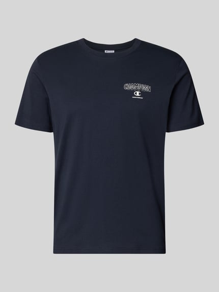 Produktfoto, T-Shirt mit Logo und Rundhalsausschnitt von CHAMPION aus reiner Baumwolle in Dunkelblau, Regular Fit, glatte Textur
