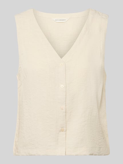 Produktfoto, Regular Fit Bluse Aus Viskose-Mix Modell 'Daria' von MSCH Copenhagen in Beige mit durchgängiger Knopfleiste, Ärmelloses-Design, V-Ausschnitt, leichte Textur, Damen Bluse mit Leinen-Viskose-Anteil, Rückenlänge bei Größe S: 49 cm.