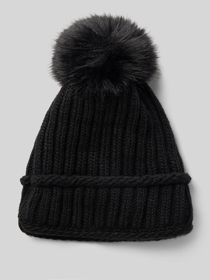 Produktfoto, Mütze aus Woll-Mix mit Bommel aus Kunstfell von Kurt Beines, schwarze Strick-Optik, breiter Umschlag, glatte Oberfläche