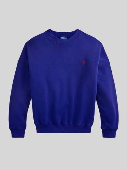 Produktfoto, Regular Fit Sweatshirt aus Baumwoll-Mix von Polo Ralph Lauren in Unifarbe Blau mit rotem Logo-Detail, Sweat-Material, gerippte Abschlüsse.