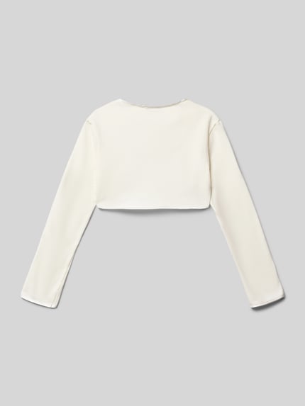 Produktfoto, Regular Fit Bolero mit floralen Applikationen von Weise, elfenbeinfarbener Baumwoll-Mix, Bordüre, Kindergrößen, Rückansicht