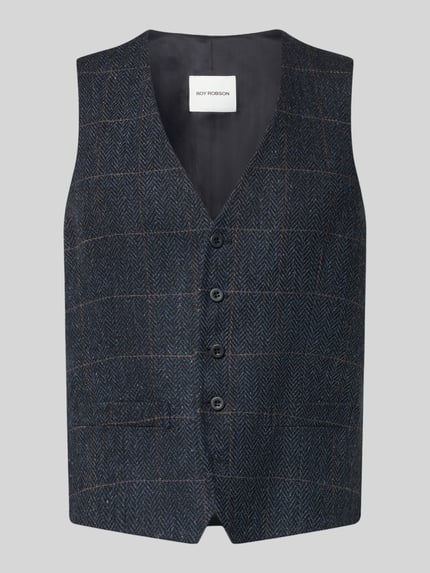 Produktfoto, Regular Fit Weste aus reiner Viskose mit Paspeltaschen von Roy Robson, krój regular fit, ciemnoniebieski z brązową kratą, wyrazista tekstura, pełna listwa guzikowa, dekolt w szpic, plecy gładkie, długość tyłu w rozmiarze 50: 60 cm, szerokość ramion w rozmiarze 50: 37 cm, szerokość w klatce piersiowej w rozmiarze 50: 51 cm