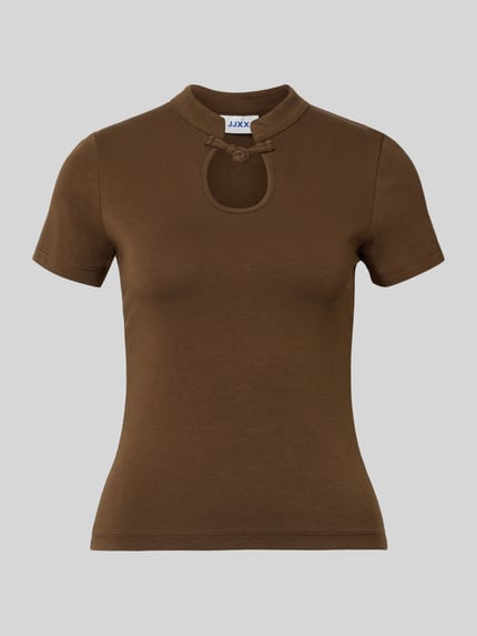 Produktfoto, T-Shirt mit Stehkragen Modell 'GIGI' von JJXX, braun, Slim Fit, Knotendetail, glatte Baumwoll-Elasthan-Textur