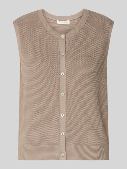 Produktfoto, Weste mit Strukturmuster von Christian Berg Woman aus Reine Baumwolle im Regular-Fit mit Rundhalsausschnitt, Knopfleiste, Rückenlänge 50 cm bei Größe S, beige Farbtöne, feine Oberflächenstruktur