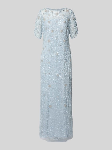 Produktfoto, Maxikleid mit Pailletten und Perlen von Adrianna Papell, błękitny kolor, prosty krój, okrągły dekolt, półrękaw, długość pleców w rozmiarze 36: 141 cm, szerokość w rozmiarze 36: 38 cm, długość rękawa w rozmiarze 36: 23 cm, płynna tkanina, zdobione cekinami i perłami