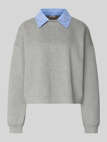 Productfoto, Sweatshirt mit Hemdblusenkragen van Liu Jo White, lichtgrijs katoenmix met stretch, losse pasvorm, geribde boorden, blauwe kraag