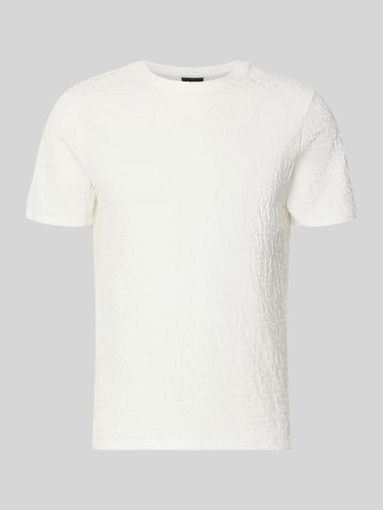 Produktfoto, T-Shirt mit Logo-Muster und Rundhalsausschnitt von ARMANI EXCHANGE, biała bawełna, krój slim fit, wzór z logo, okrągły dekolt, długość tyłu w rozmiarze M: 67 cm