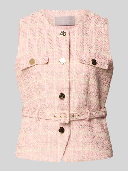 Produktfoto, Weste in Bouclé-Optik mit Gürtel von Christian Berg Woman Selection aus Baumwoll-Viskose-Mix in zartem Rosa, goldene Knöpfe, Regular-Fit, Rundhalsausschnitt, strukturierte Textur, zwei aufgesetzte Taschen.