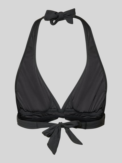 Produktfoto, schwarzes Bikini-Oberteil mit herausnehmbaren Cups Modell 'SOLIDS' von Michael Kors, Material-Mix mit Stretch-Anteil, Label-Applikation, Neckholder, körpernahe Passform, glatte Oberfläche