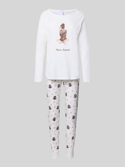 Produktfoto, Regular Fit Pyjama aus reiner Baumwolle Modell 'Meine Auszeit' von LOUIS & LOUISA, weiß mit Motiv-Print und Statement-Stitching, Langarmshirt, Hose mit Allover-Muster, Damen Pyjama