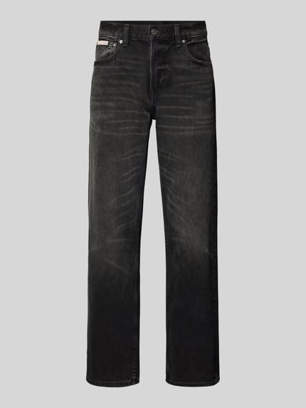 Productfoto, 'Jeans mit 5-Pocket-Design' van Calvin Klein Jeans in zwart katoen, rechte snit, labeldetail, knoop- en ritssluiting.