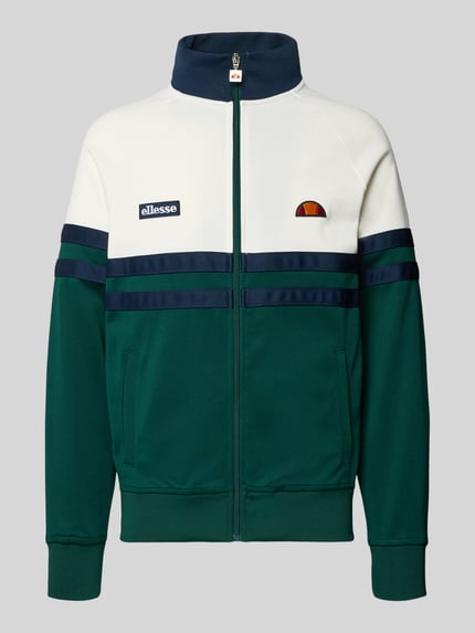 Produktfoto, Sweatjacke aus Baumwoll-Mix Modell 'RIMINI' von Ellesse, grün-weiß mit Stehkragen, Reißverschluss, Label-Details, glatte Struktur