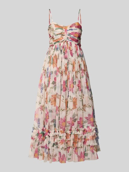 Productfoto, cocktailjurk uit mesh in stufen-look van LACE & BEADS, A-lijn, midilengte met bloemenprint, plooien, verstelbare spaghettibandjes, achterkantlengte maat S: 125 cm, borstbreedte maat S: 36 cm