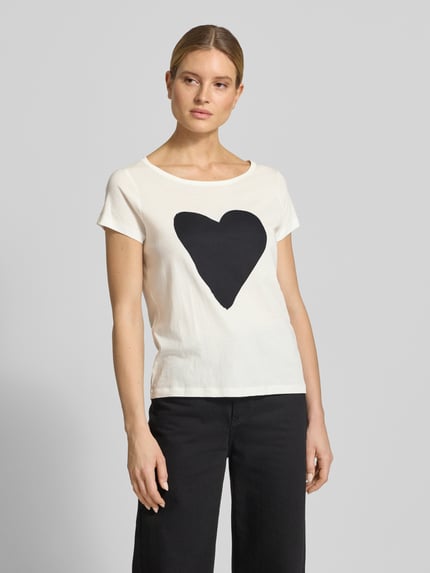 Vrouwenmodel draagt Regular Fit T-shirt uit puur katoen van Marc O'Polo, look: effen, motiefprint, ronde hals, korte mouw, jersey, dames, voorkant bovenlichaam close-up