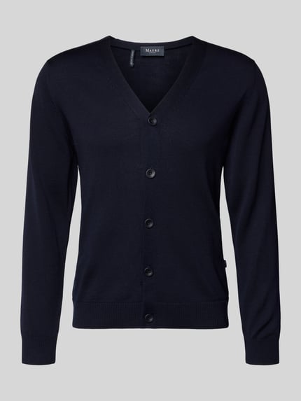 Produktfoto, Cardigan aus Schurwolle mit V-hals van MAERZ Muenchen in donkerblauw, regular fit, knoopsluiting, gladde textuur