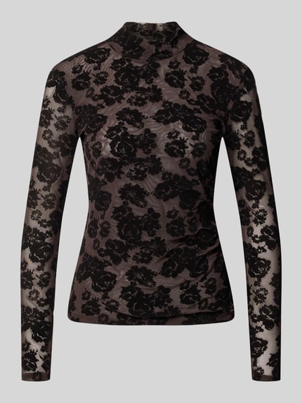 Produktfoto, Longsleeve im Allover-Look mit Stehkragen Modell 'Isa Illenora' von MSCH Copenhagen, schwarz gemustert, transparenter Material-Mix mit Stretch-Anteil, Slim Fit, florale Muster, neutraler Hintergrund, Rückenlänge bei Größe S/M 60 cm.