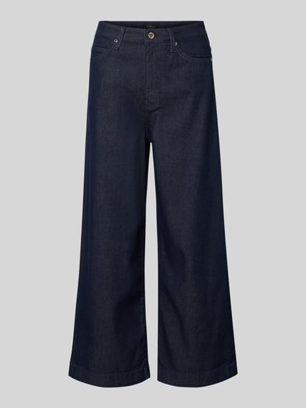 Produktfoto, ciemnoniebieskie Wide Leg Jeans aus Viskose-Baumwoll-Mix Model 'SURI' von s.Oliver BLACK LABEL, stylizowana na denim, krój wide fit, wysoki stan, długość cropped, naszywka z logo, nity, szlufki na pasek, zapięcie na guzik i zamek błyskawiczny, 5 kieszeni, mieszanka wiskozy i bawełny.