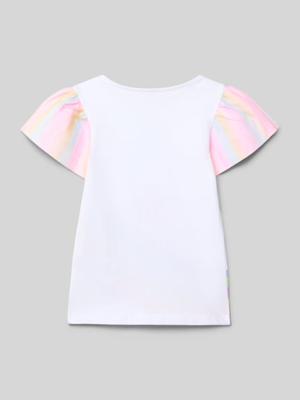 Produktfoto, T-Shirt mit Rundhalsausschnitt und Motiv-Print von Blue Seven in Weiß mit bunten Chiffon-Schmetterlingsärmeln, reine Baumwolle, gerader Schnitt, Rückenlänge Größe 116: 42 cm