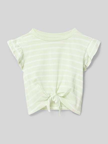 Produktfoto, Regular Fit T-Shirt aus reiner Baumwolle Modell 'KALINKA' von Only für Kinder, hellgrün mit weißem Allover-Streifenmuster, Knotendetail vorn, Rundhalsausschnitt, Kurzarm, Jersey-Textur