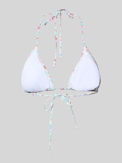 Produktfoto, Bikini-Oberteil mit rückseitiger Schnürung Modell 'BAOMI' von Pieces, kolor biały, kolorowy wzór, trójkątne miseczki, bez fiszbin, wyjmowane wkładki, wiązanie na szyi i plecach, styl neckholder, wyściółka, damskie bikini