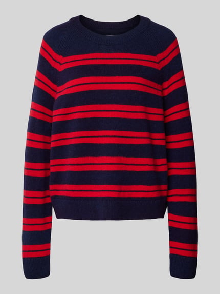 Produktfoto, Loose Fit Strickpullover aus reinem Woll-Mix Modell 'LILIRIAA FINE STRIPES' van Armedangels in rood-blauw gestreept breipatroon, geribde boorden, ronde hals