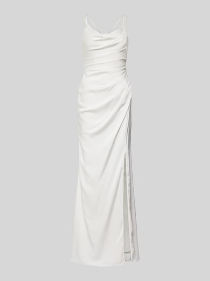 Produktfoto, Regular Fit Abendkleid mit Zierschleife von Luxuar z satyny, krój regular fit, ozdobna kokarda, plisy, cienkie ramiączka, rozporek, dekolt na plecach, długość tyłu w rozmiarze 36: 136 cm, szerokość w rozmiarze 36: 43 cm