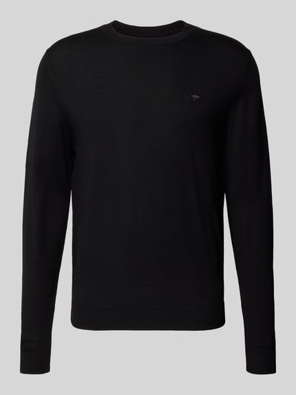Produktfoto, zwarte gebreide pullover van wol met ronde hals, regular fit, labelstitching, Fynch-Hatton, ruglengte maat M 66 cm, mouwlengte maat M 67 cm