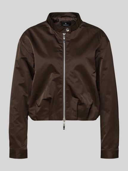 Produktfoto, Cropped Jacke mit Zweiwege-Reißverschluss von monari in Dunkelbraun, Stehkragen, Knopfverschluss, glatte Oberfläche