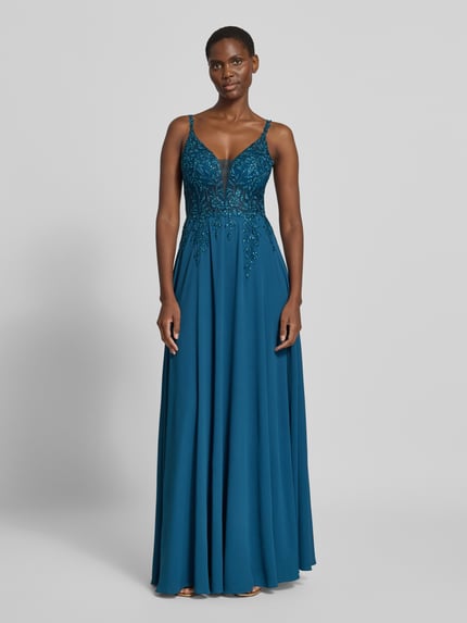 LUXUAR FASHION Avondjurk met stitchings en met siersteentjes Petrol - 4