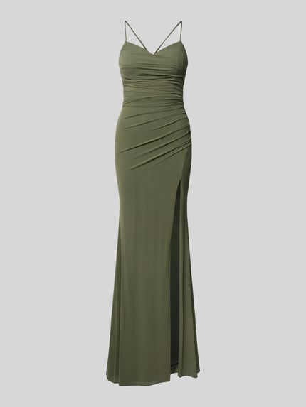 Produktfoto, Slim Fit Abendkleid mit Gehschlitz von Luxuar in Olivgrün, schmale Passform mit Raffungen, Schnürverschluss und Spaghetti-Trägern, Rückenlänge bei Größe 36: 141 cm, Brustweite bei Größe 36: 29 cm