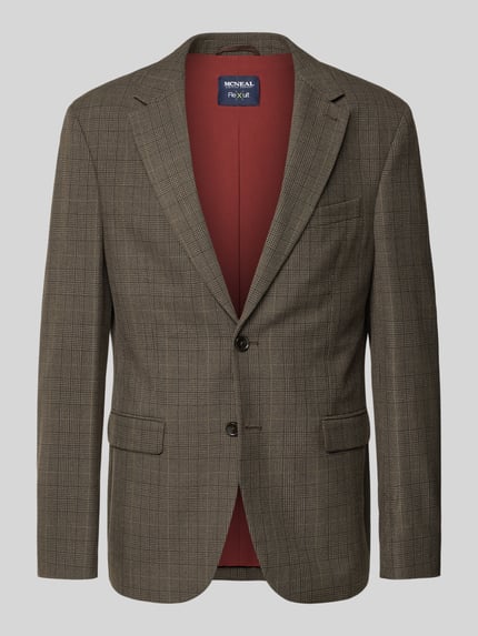 Produktfoto, Slim Fit 2-Knopf-Sakko mit Pattentaschen von MCNEAL im feinen Karomuster, Stretch-Materialmix, braun-grau, rotes Innenfutter