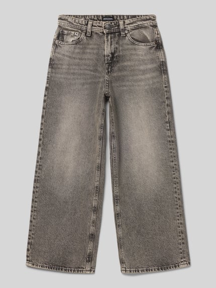 Produktfoto, Wide Fit Jeans met logo-patch Model 'Dave' van JACK & JONES, puur katoen, 5-pocketmodel, knoop- en ritssluiting, bandwijdte maat 140: 33 cm, binnenbeenlengte maat 140: 61 cm, kinderjeans, grijze denim, lichte used-wassing, rechte pijpen, grove textuur