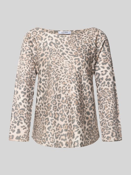 Produktfoto, Longsleeve mit U-Boot-Ausschnitt von ZABAIONE aus Viskose-Mix mit Metall-Anteil in Beige und Grau mit Leopardenmuster, lockerer Schnitt