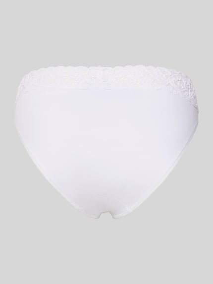 Productfoto, witte Slip met Spitze Modell 'MOMENTS' van Hanro, katoen, aansluitende pasvorm, elastische tailleband, kanten rand.