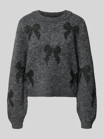 Produktfoto, Pullover mit Glitzer Schleifen-Details von ONLY, graue Melange-Strickoptik mit Glitzer-Prints und Schleifen, Rundhals, langarm, gerippte Abschlüsse